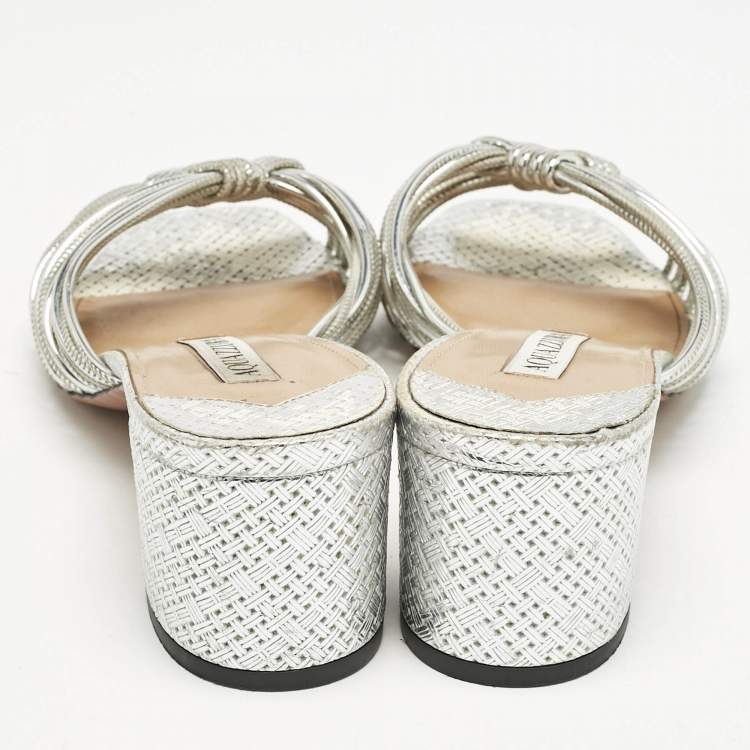 Pre Owned Aquazzura Metallic Silver Leather Club Twist Slide Sandals Size 36