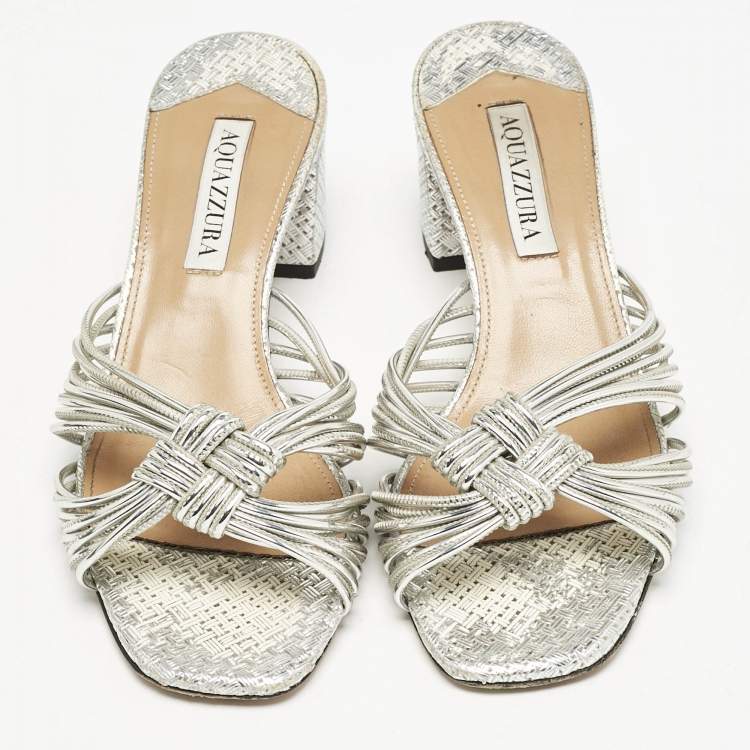 Pre Owned Aquazzura Metallic Silver Leather Club Twist Slide Sandals Size 36