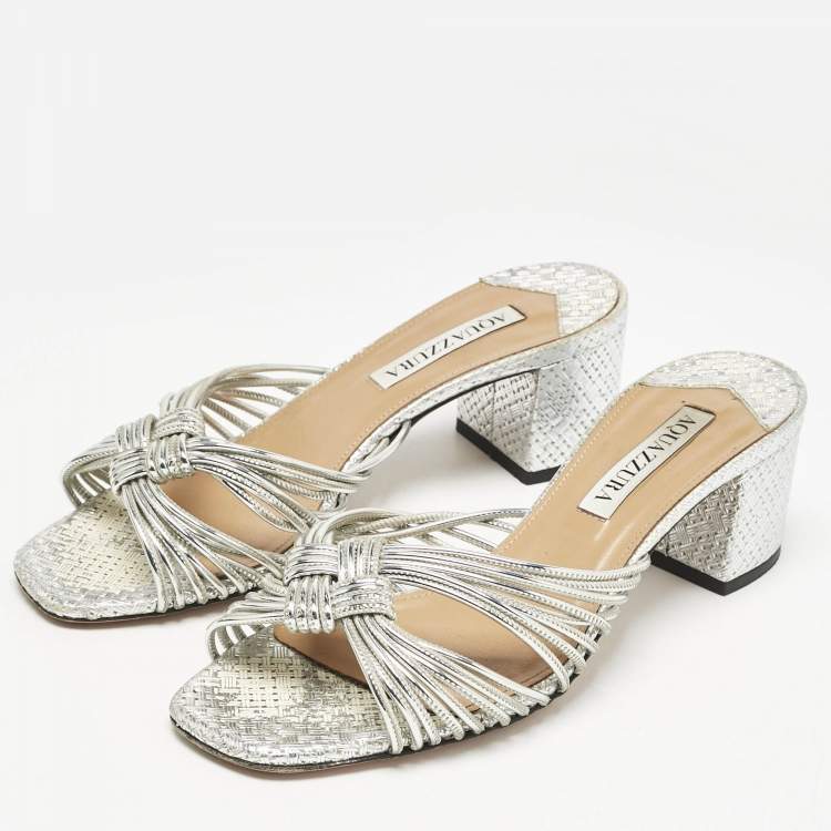 Pre Owned Aquazzura Metallic Silver Leather Club Twist Slide Sandals Size 36