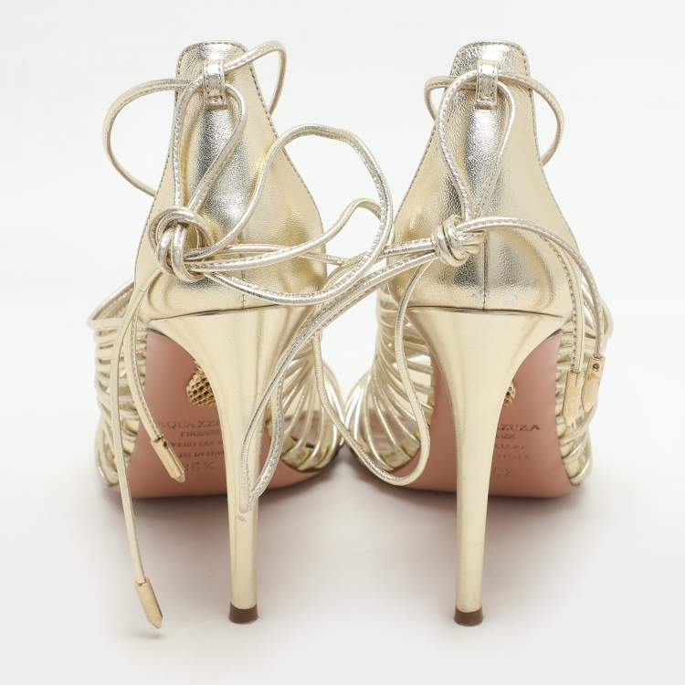 Pre Owned Aquazzura Gold Leather Nadja Strappy Ankle Wrap Sandals Size 36.5