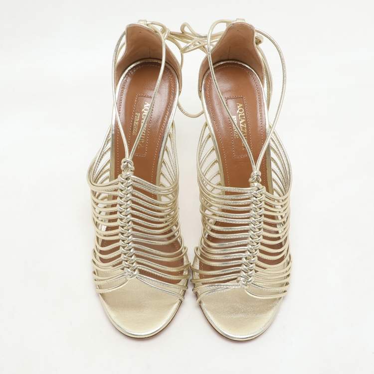 Pre Owned Aquazzura Gold Leather Nadja Strappy Ankle Wrap Sandals Size 36.5