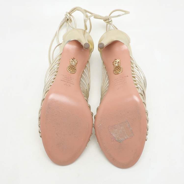 Pre Owned Aquazzura Gold Leather Nadja Strappy Ankle Wrap Sandals Size 36.5