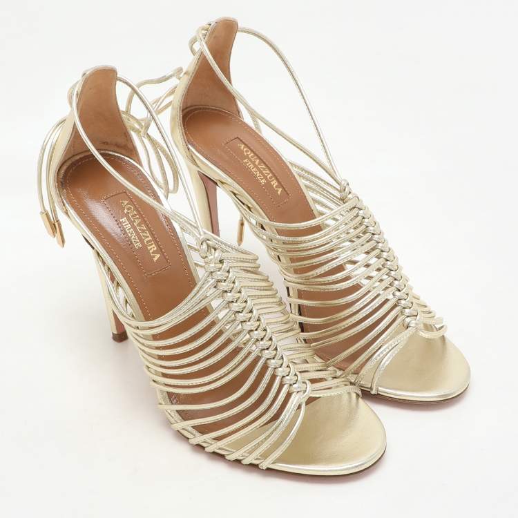 Pre Owned Aquazzura Gold Leather Nadja Strappy Ankle Wrap Sandals Size 36.5