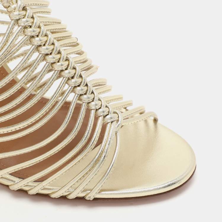 Pre Owned Aquazzura Gold Leather Nadja Strappy Ankle Wrap Sandals Size 36.5