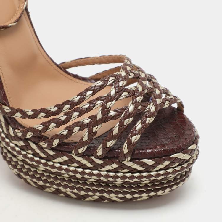 Pre Owned Aquazzura Brown/Light Gold Braided Leather Cozumel Platform Sandals Size 36.5