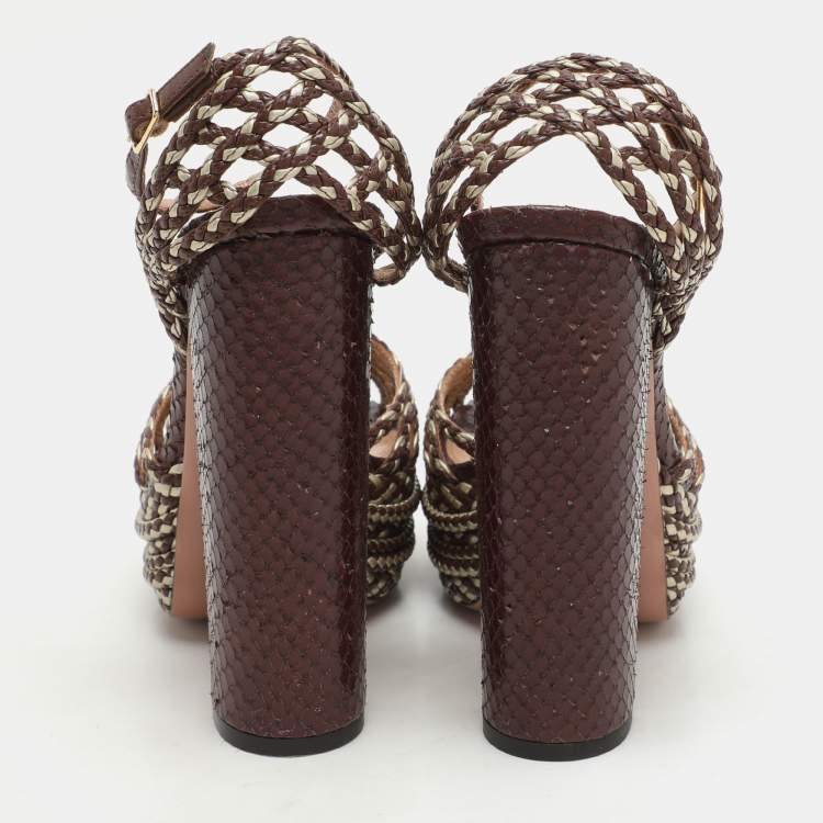Pre Owned Aquazzura Brown/Light Gold Braided Leather Cozumel Platform Sandals Size 36.5