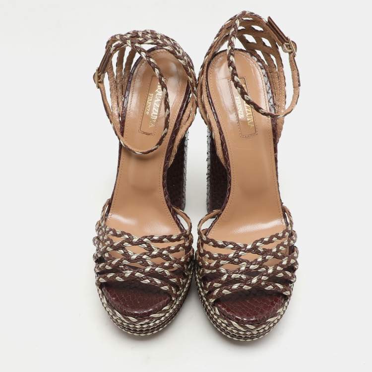 Pre Owned Aquazzura Brown/Light Gold Braided Leather Cozumel Platform Sandals Size 36.5