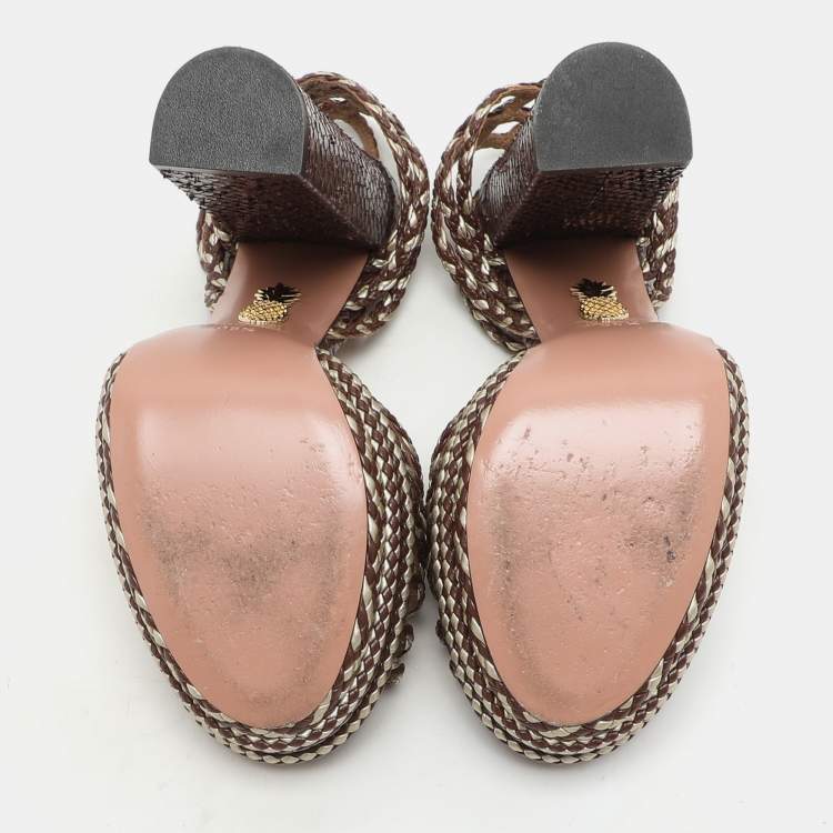 Pre Owned Aquazzura Brown/Light Gold Braided Leather Cozumel Platform Sandals Size 36.5