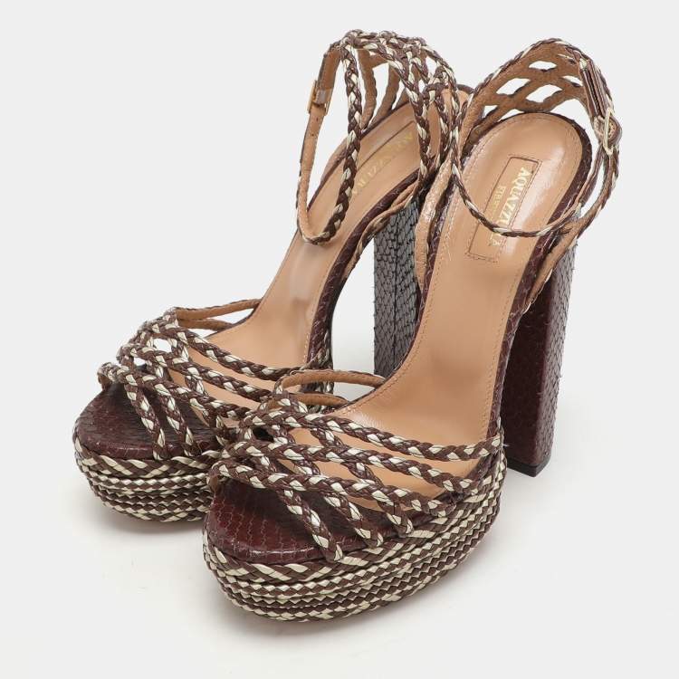 Pre Owned Aquazzura Brown/Light Gold Braided Leather Cozumel Platform Sandals Size 36.5