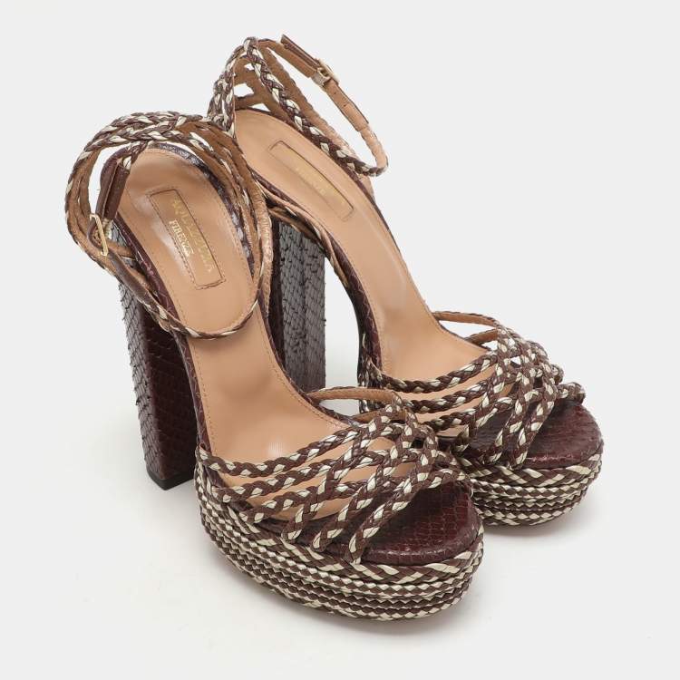 Pre Owned Aquazzura Brown/Light Gold Braided Leather Cozumel Platform Sandals Size 36.5