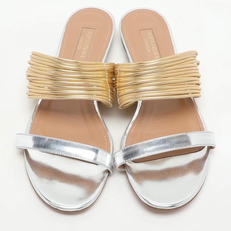 Pre Owned Aquazzura Silver/Gold Leather Rendez Vous Flat Slides Size 37