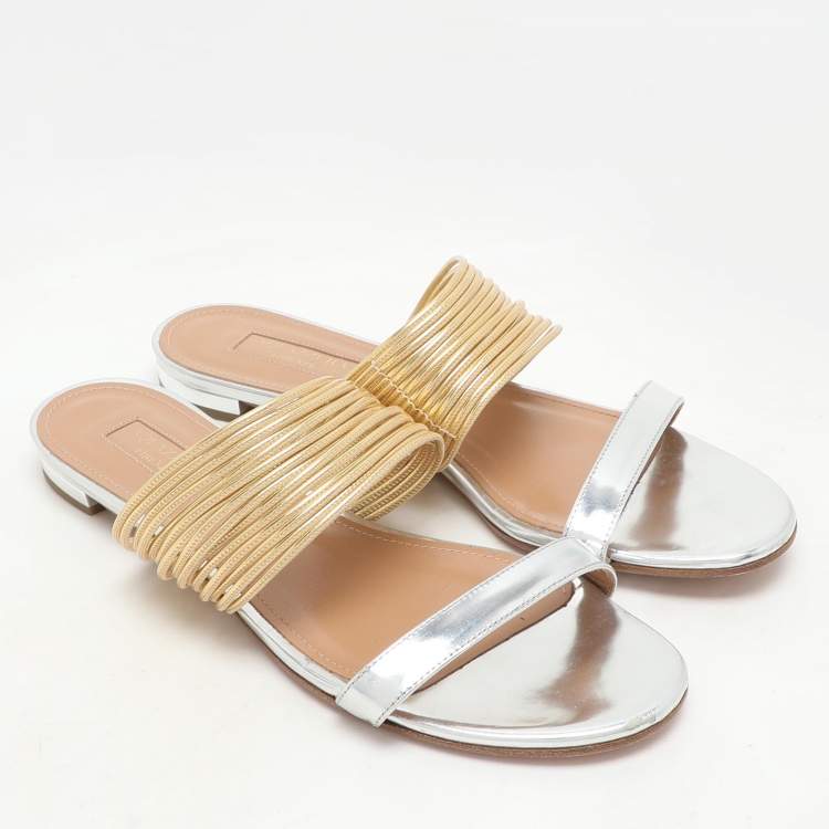 Pre Owned Aquazzura Silver/Gold Leather Rendez Vous Flat Slides Size 37