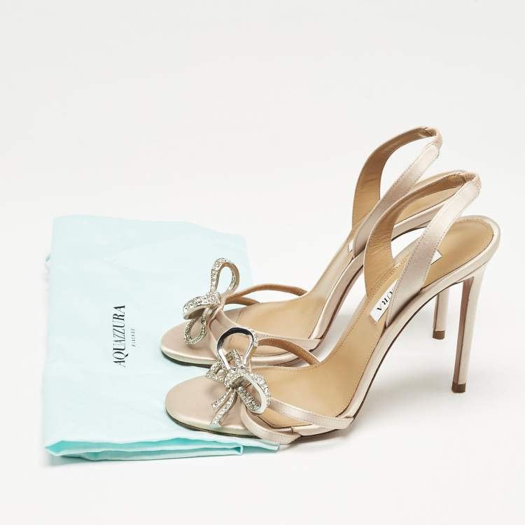 Pre Owned Aquazzura Beige Satin Bow Embellished Babe Slingback Sandals Size 39