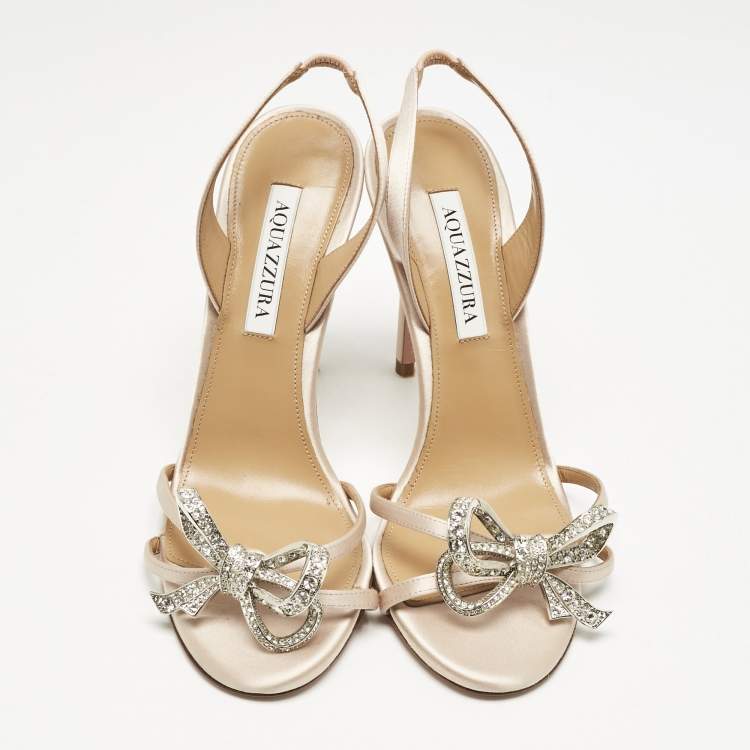 Pre Owned Aquazzura Beige Satin Bow Embellished Babe Slingback Sandals Size 39