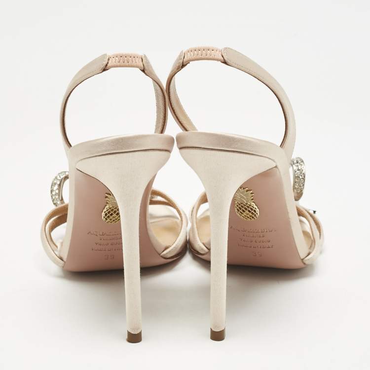 Pre Owned Aquazzura Beige Satin Bow Embellished Babe Slingback Sandals Size 39