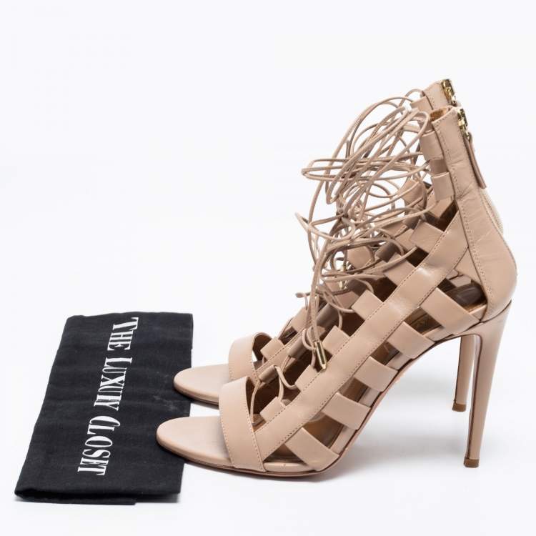 Pre Owned Aquazzura Beige Leather Amazon Ankle Strap Sandals Size 40