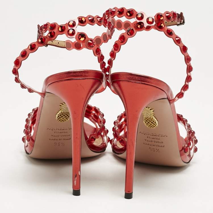 مملوكة مسبقًا Aquazzura Red PVC Crystal Embellished Tequila Sandals Size 39.5