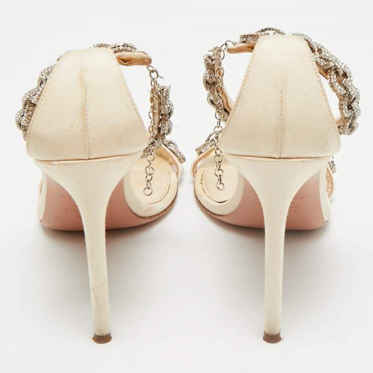 Pre Owned Aquazzura Beige Grosgrain Embellished Love Link Sandals Size 37.5