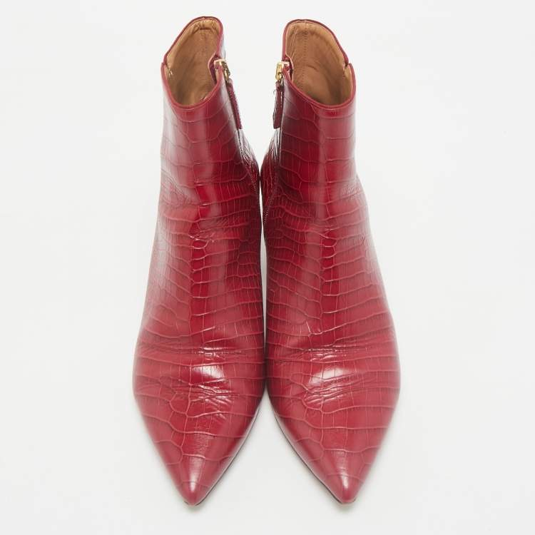 Pre Owned Aquazzura Burgundy Croc Embossed Leather Quant Ankle Length Boots Size 41