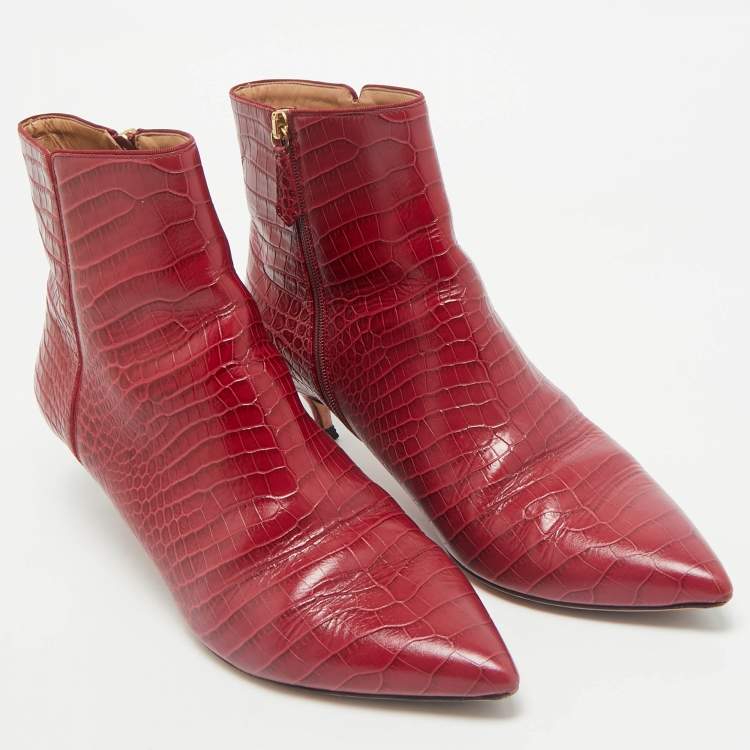 Pre Owned Aquazzura Burgundy Croc Embossed Leather Quant Ankle Length Boots Size 41