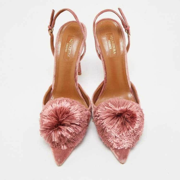 Pre Owned Aquazzura Rose Pink Velvet Powder Puff Pom Pom Slingback Pumps Size 40.5
