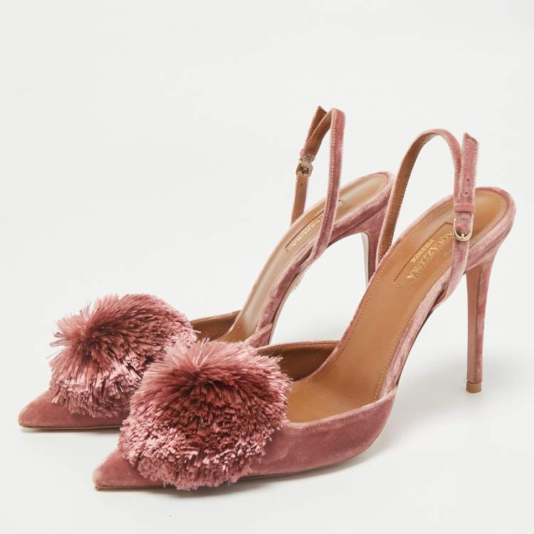 Pre Owned Aquazzura Rose Pink Velvet Powder Puff Pom Pom Slingback Pumps Size 40.5
