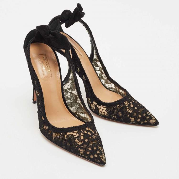 Pre Owned Aquazzura Black Lace Bow Tie Pumps Size 40