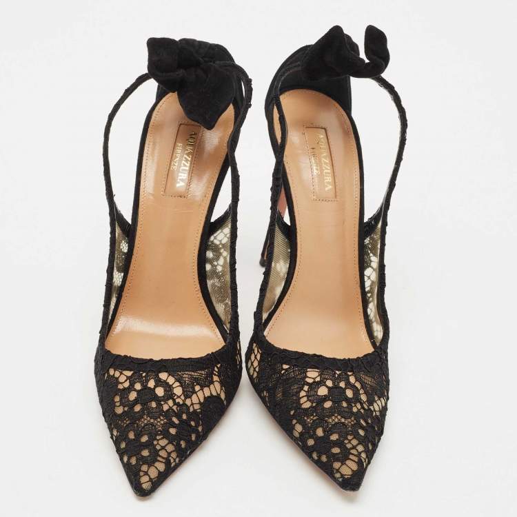 Pre Owned Aquazzura Black Lace Bow Tie Pumps Size 40