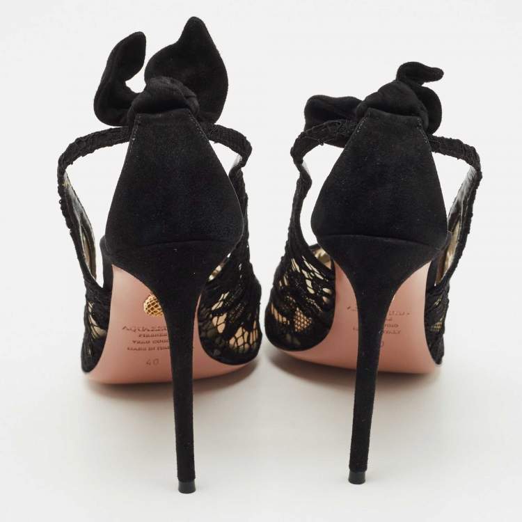 Pre Owned Aquazzura Black Lace Bow Tie Pumps Size 40