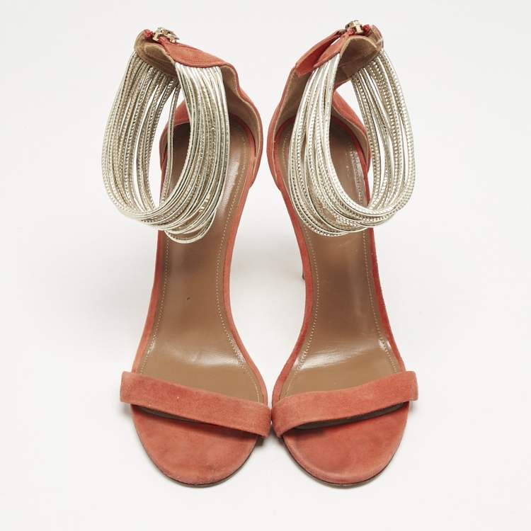 Pre Owned Aquazzura Orange/Gold Leather and Suede Ankle Strap Sandals Size 37