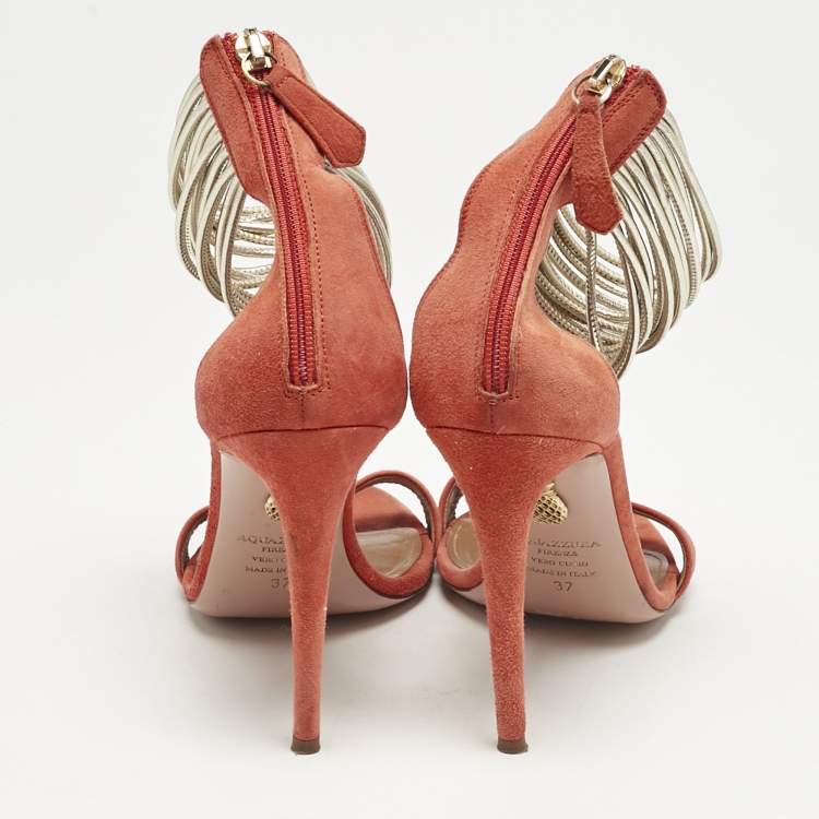 Pre Owned Aquazzura Orange/Gold Leather and Suede Ankle Strap Sandals Size 37
