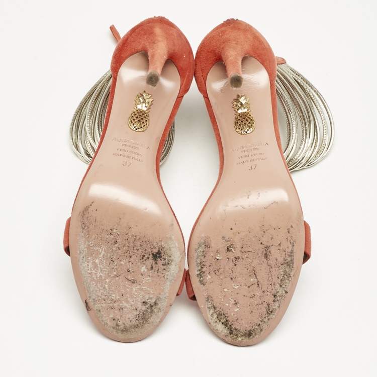 Pre Owned Aquazzura Orange/Gold Leather and Suede Ankle Strap Sandals Size 37