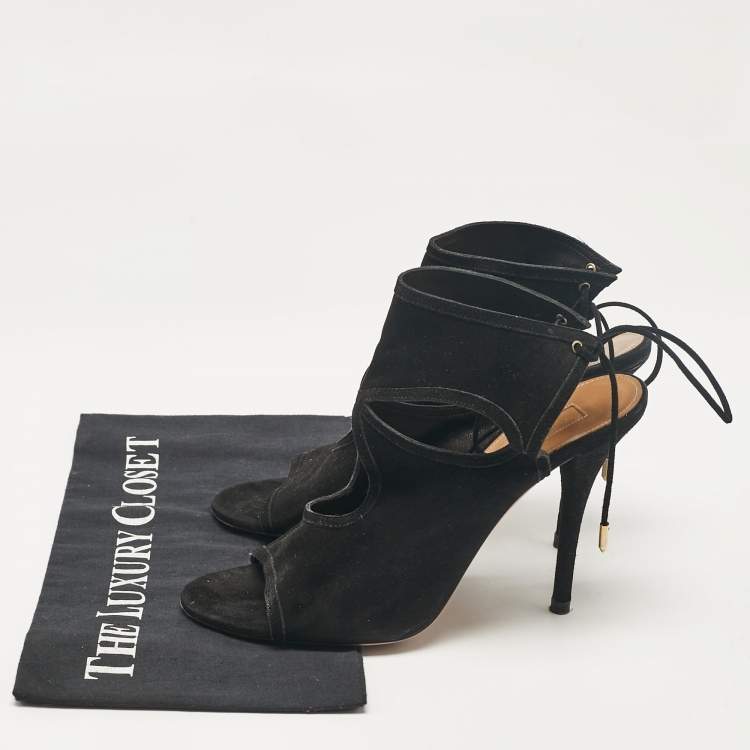 Pre Owned Aquazzura Black Cutout Suede Sexy Thing Peep Toe Sandals Size 37.5