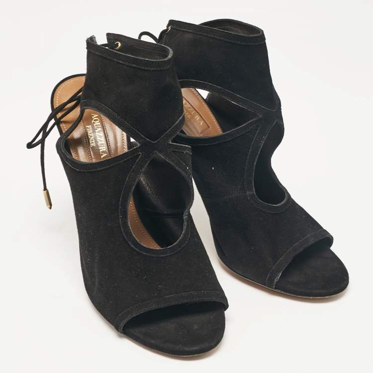 Pre Owned Aquazzura Black Cutout Suede Sexy Thing Peep Toe Sandals Size 37.5