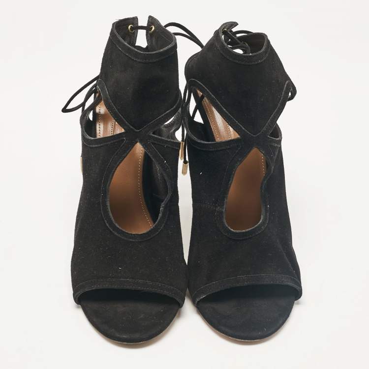 Pre Owned Aquazzura Black Cutout Suede Sexy Thing Peep Toe Sandals Size 37.5