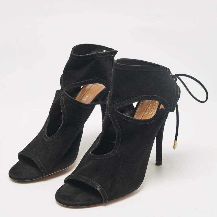 Pre Owned Aquazzura Black Cutout Suede Sexy Thing Peep Toe Sandals Size 37.5