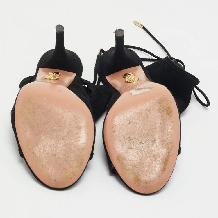 Pre Owned Aquazzura Black Cutout Suede Sexy Thing Peep Toe Sandals Size 37.5
