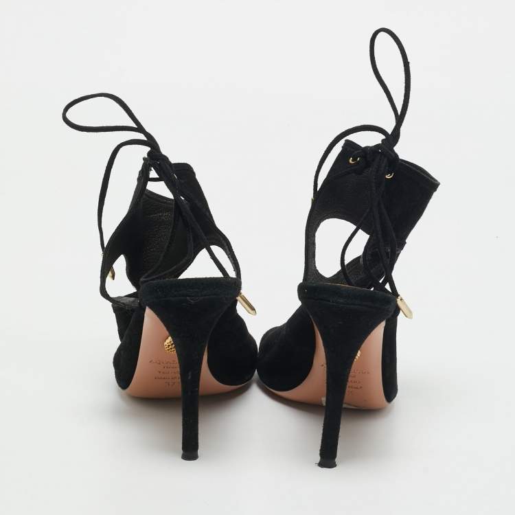 Pre Owned Aquazzura Black Cutout Suede Sexy Thing Peep Toe Sandals Size 37.5