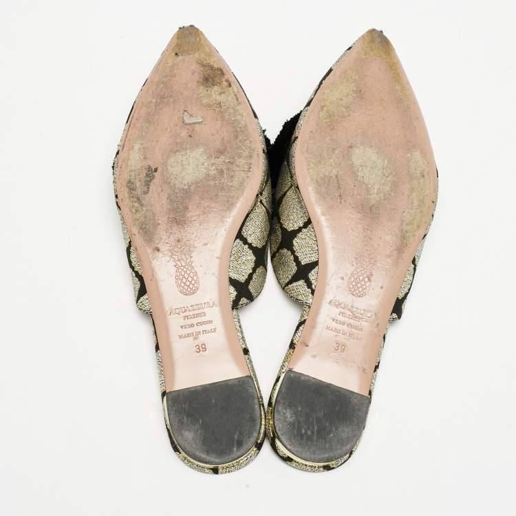Pre Owned Aquazzura Black/Gold Floral Lurex Fabric Powder Puff Pom Pom Flat Mules Size 39