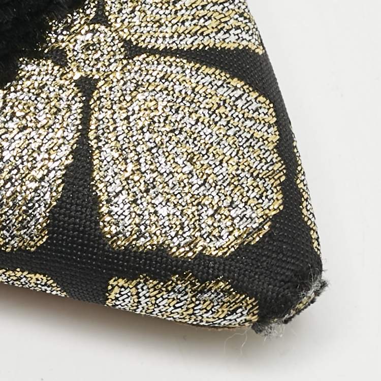 Pre Owned Aquazzura Black/Gold Floral Lurex Fabric Powder Puff Pom Pom Flat Mules Size 39