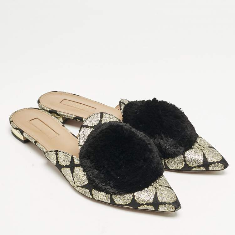 Pre Owned Aquazzura Black/Gold Floral Lurex Fabric Powder Puff Pom Pom Flat Mules Size 39