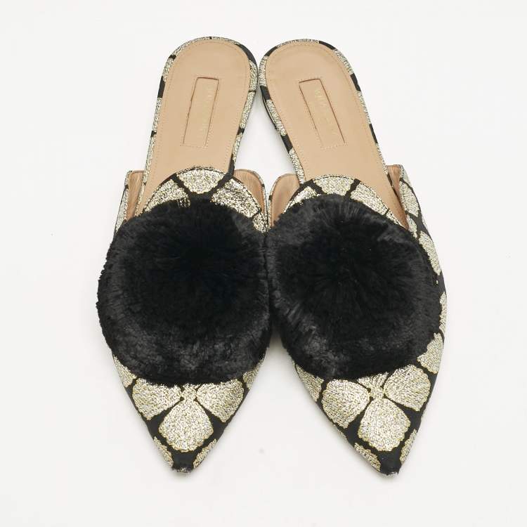 Pre Owned Aquazzura Black/Gold Floral Lurex Fabric Powder Puff Pom Pom Flat Mules Size 39
