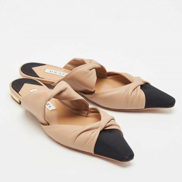 Pre Owned Aquazzura Beige/Black Leather and Fabric Twist Cap Toe Mules Size 35