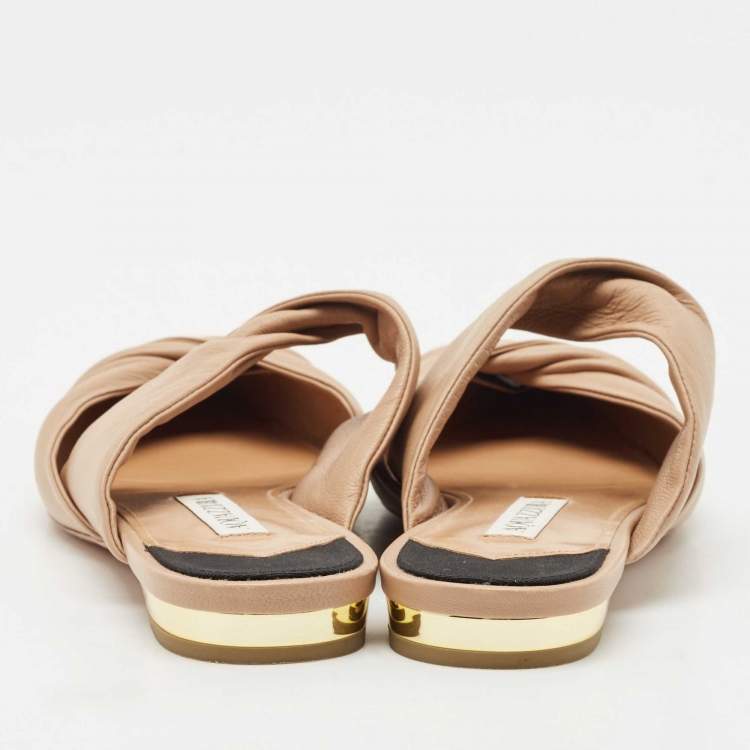 Pre Owned Aquazzura Beige/Black Leather and Fabric Twist Cap Toe Mules Size 35