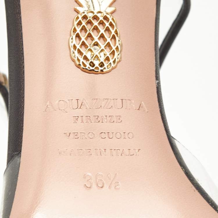 Pre Owned Aquazzura Black PVC And Leather Optic Buckle Sandals Size 36.5