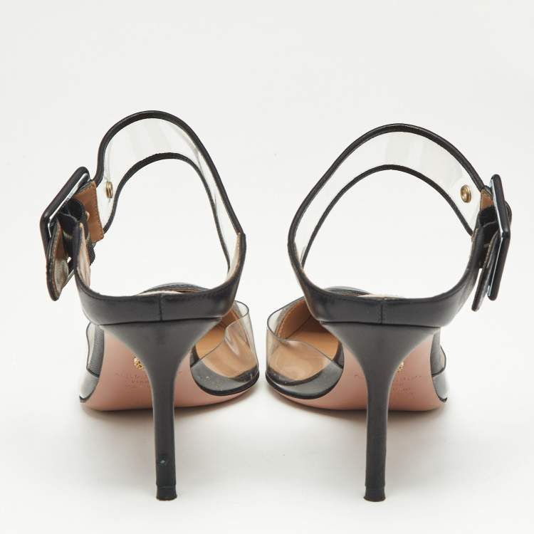 Pre Owned Aquazzura Black PVC And Leather Optic Buckle Sandals Size 36.5