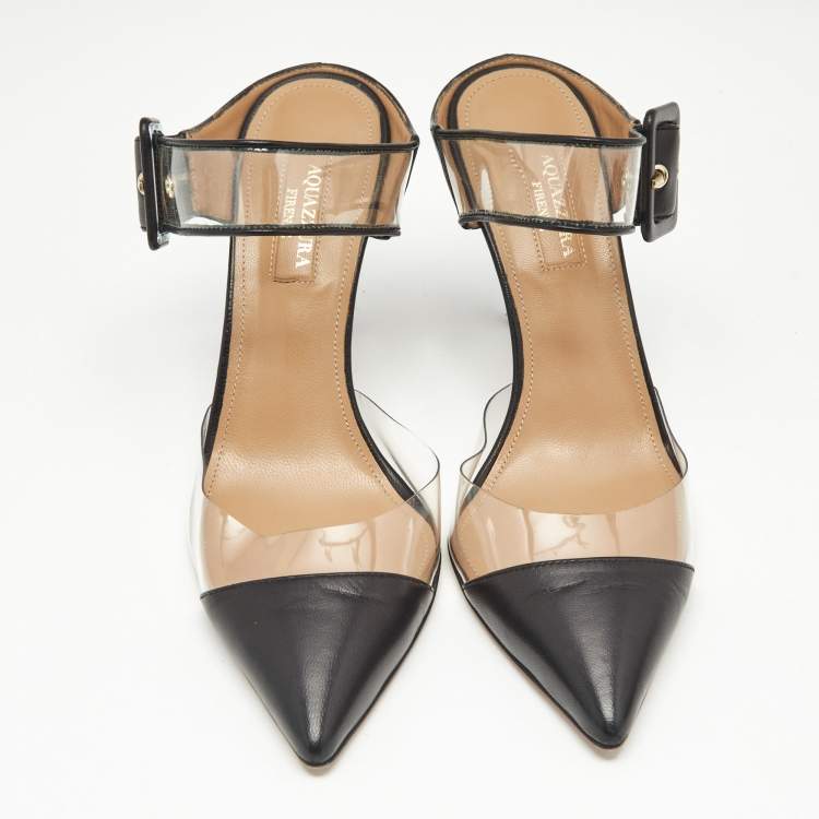Pre Owned Aquazzura Black PVC And Leather Optic Buckle Sandals Size 36.5