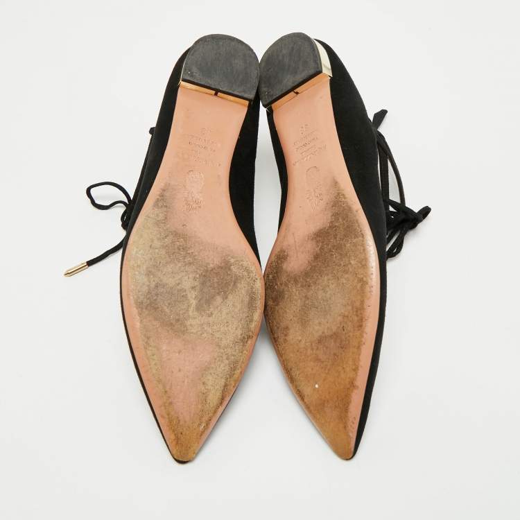 Pre Owned Aquazzura Black Suede Dancer Lace-Up Ballet Flats Size 38