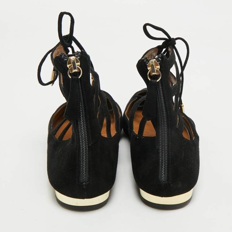 Pre Owned Aquazzura Black Suede Dancer Lace-Up Ballet Flats Size 38