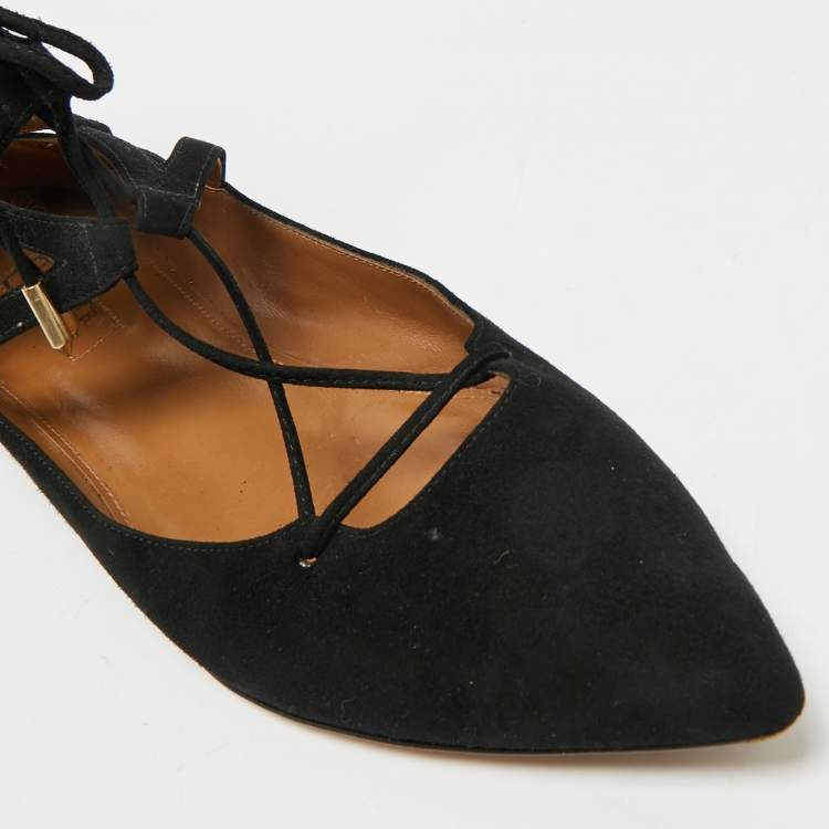 Pre Owned Aquazzura Black Suede Dancer Lace-Up Ballet Flats Size 38
